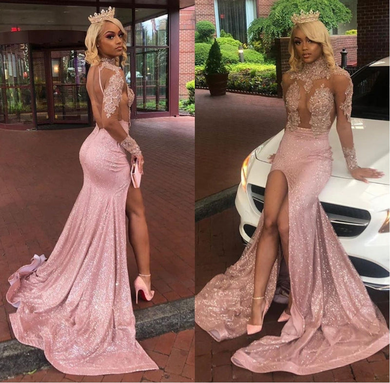 Sexy Long Sleeves Round Collar Prom Dress Pink Sequins Long Backless With Split-stylesnuggle