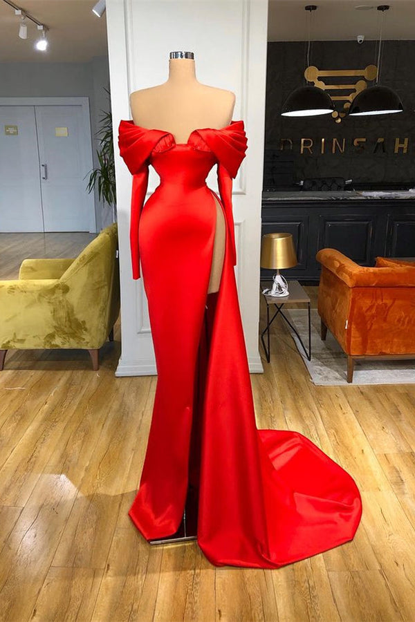 Sexy Red Long Sleeves Mermaid Prom Dress Off-the-Shoulder With Slit-stylesnuggle