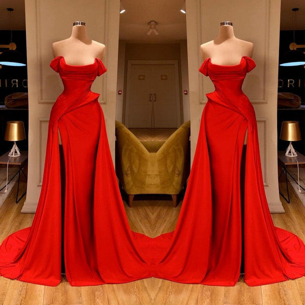 Sexy Red Off-the-Shoulder Long Prom Dress With Split Online-stylesnuggle