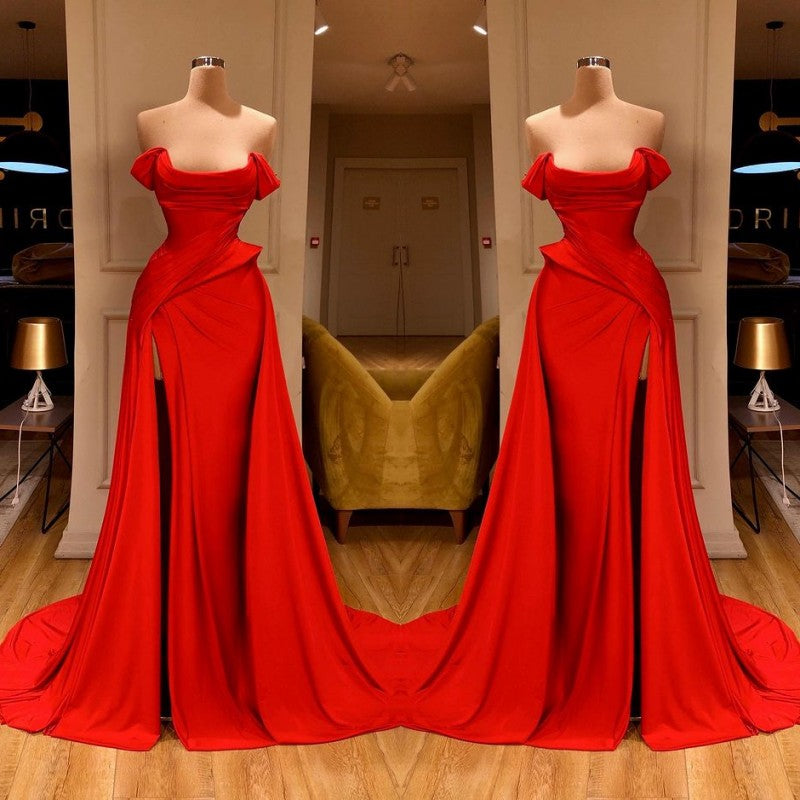 Sexy Red Off-the-Shoulder Long Prom Dress With Split Online-stylesnuggle