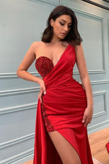 Sexy Red One Shoulder Slit Prom Dress Long With Sequins Beadings-stylesnuggle