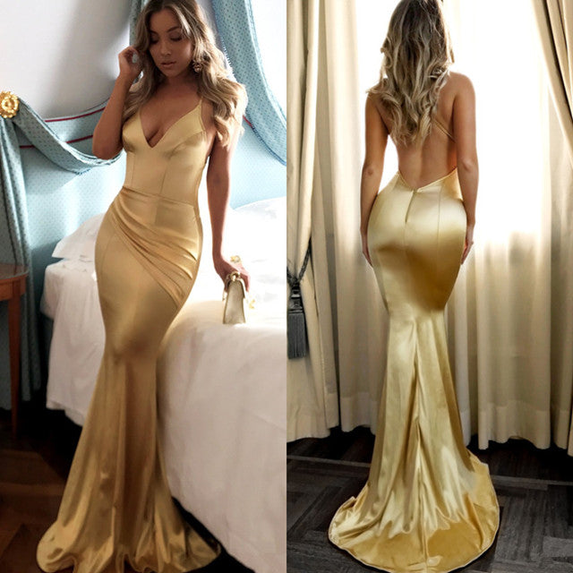 Sexy Spaghetti Straps Backless Mermaid Prom Dress Sequins V-Neck Chiffon Gold Long-stylesnuggle