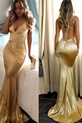 Sexy Spaghetti Straps Backless Mermaid Prom Dress Sequins V-Neck Chiffon Gold Long-stylesnuggle