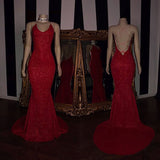 Sexy Spaghetti Straps Red Mermaid Prom Dress Sequins Chiffon Long-stylesnuggle