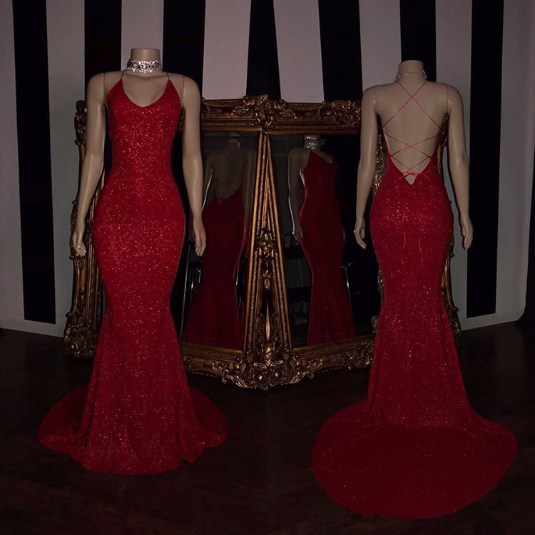 Sexy Spaghetti Straps Red Mermaid Prom Dress Sequins Chiffon Long-stylesnuggle