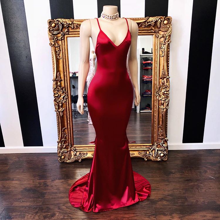 Sexy Spaghetti Straps V-Neck Mermaid Prom Dress Red Long Chiffon-stylesnuggle