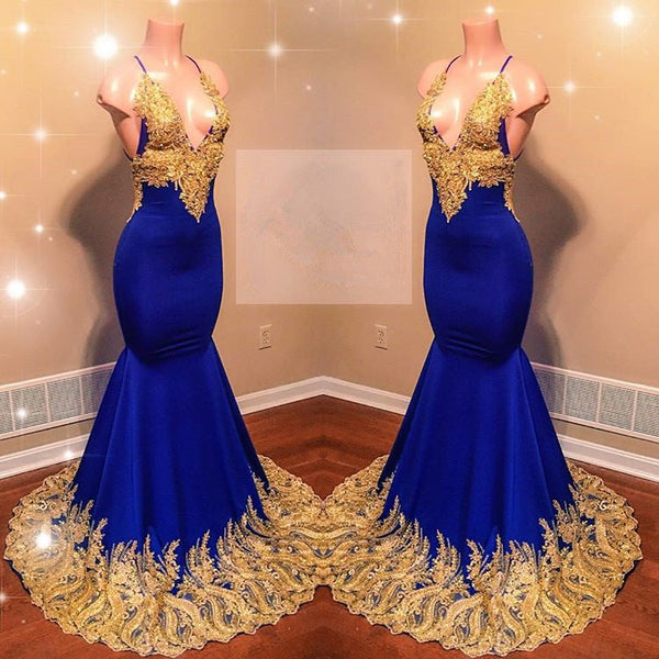 Sexy Spaghetti Straps V-Neck Mermaid Prom Dress Sequins Blue Long Chiffon-stylesnuggle