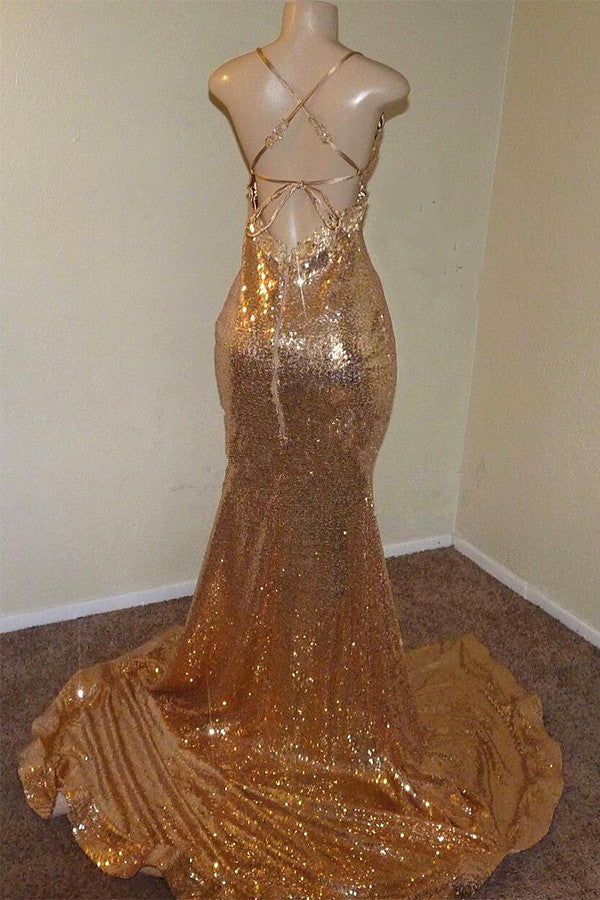 Sexy Spaghetti Straps V-Neck Mermaid Prom Dress Sequins Long Chiffon Gold With Split-stylesnuggle