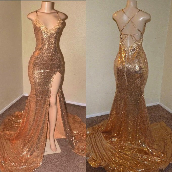 Sexy Spaghetti Straps V-Neck Mermaid Prom Dress Sequins Long Chiffon Gold With Split-stylesnuggle