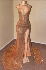 Sexy Spaghetti Straps V-Neck Mermaid Prom Dress Sequins Long Chiffon Gold With Split-stylesnuggle