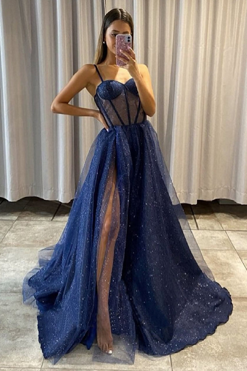 Sexy Sparkle Spaghetti strap Navy Blue A-line Princess Tulle Prom Dress-stylesnuggle