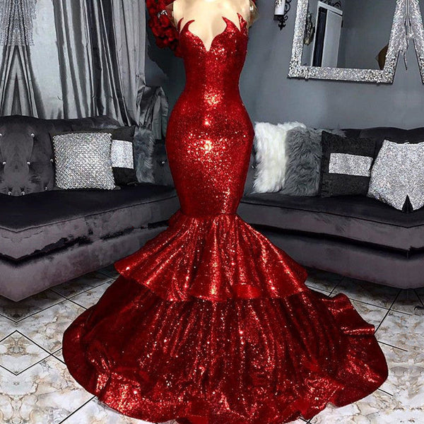 Sexy Strapless Mermaid Red Prom Dress Sequins Long-stylesnuggle