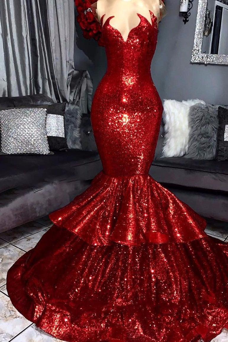 Sexy Strapless Mermaid Red Prom Dress Sequins Long-stylesnuggle