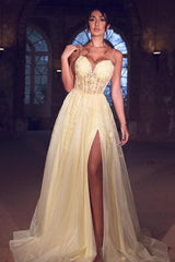 Sexy Tulle Spaghetti Straps Yellow Prom Dress Lace Long With Split-stylesnuggle