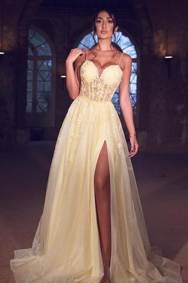 Sexy Tulle Spaghetti Straps Yellow Prom Dress Lace Long With Split-stylesnuggle