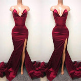 Sexy V-neck Chiffon Mermaid Prom Dress Long With Split Burgundy-stylesnuggle