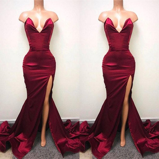 Sexy V-neck Chiffon Mermaid Prom Dress Long With Split Burgundy-stylesnuggle