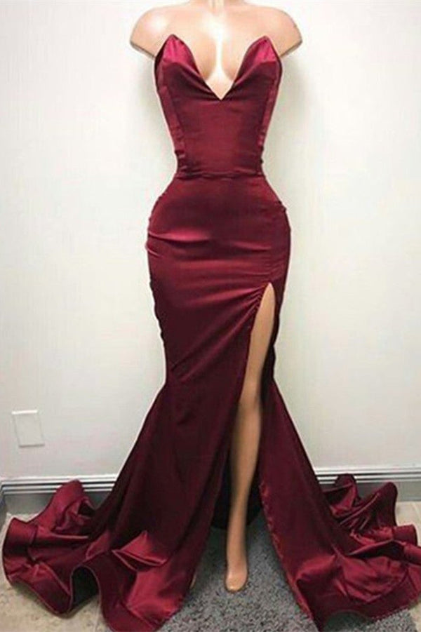 Sexy V-neck Chiffon Mermaid Prom Dress Long With Split Burgundy-stylesnuggle