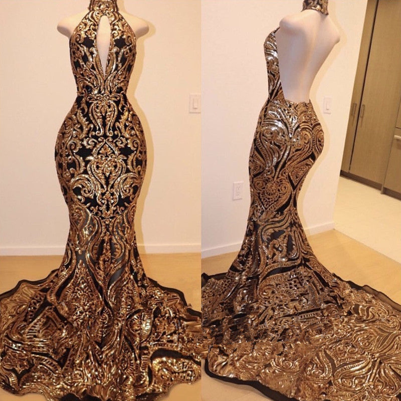 Sexy V-neck Halter Backless Mermaid Prom Dress Gold Sequins Long Backless-stylesnuggle