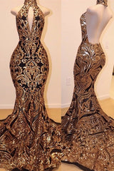 Sexy V-neck Halter Backless Mermaid Prom Dress Gold Sequins Long Backless-stylesnuggle