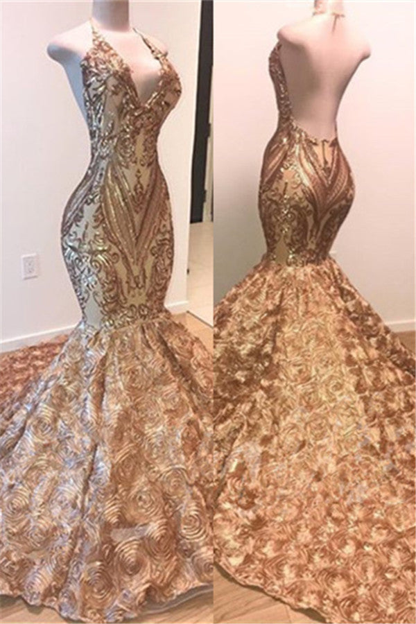 Sexy V-Neck Halter Gold Mermaid Prom Dress Sequins Backless Long-stylesnuggle