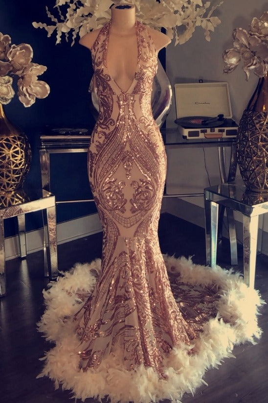 Sexy V-neck Halter Mermaid Prom Dress Gold Sequins Long Backless-stylesnuggle