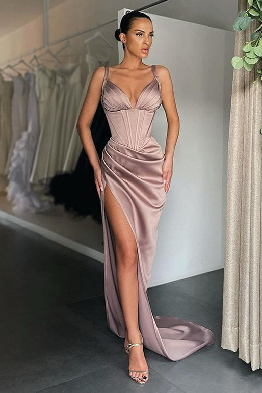 Sexy V-neck High-split Mermaid Ruched Long Prom Dress-stylesnuggle