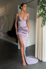 Sexy V-neck High-split Mermaid Ruched Long Prom Dress-stylesnuggle