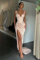 Sexy V-neck High-split Mermaid Ruched Long Prom Dress-stylesnuggle