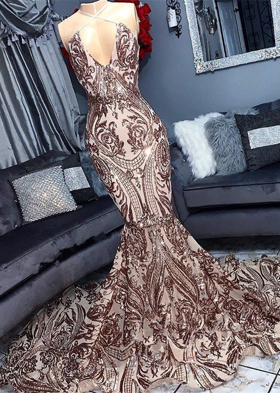 stylesnuggle offers V-neck Sequins Sleeveless Mermaid Floor Length Prom Dresses at a cheap price with Sequined to Mermaid hem. Gorgeous yet affordable Sleeveless Real model dresses.