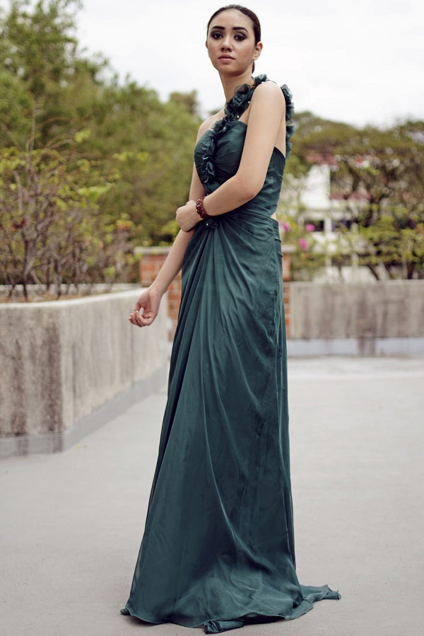 Sheath One-shoulder Floor Length Chiffon Backless Handmade Flower Evening Dress-stylesnuggle