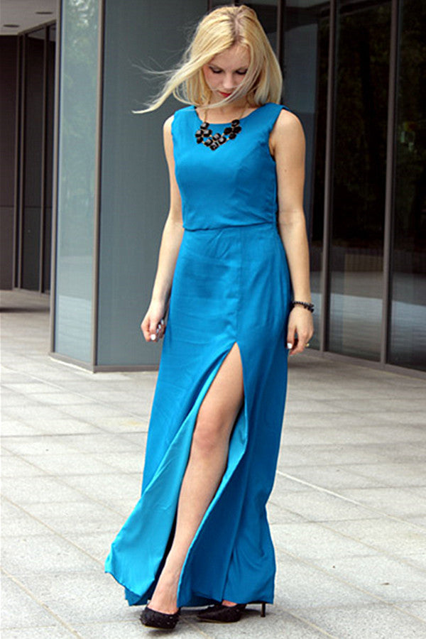 Sheath Small Round Collar Front Slit Floor Length Chiffon Evening Dress-stylesnuggle