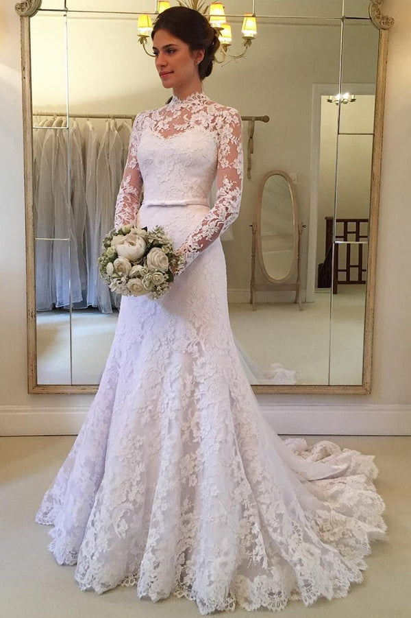 Sheath Small Round Collar Long Sleeves Sweep Train Tulle Applique Lace Wedding Dress-stylesnuggle