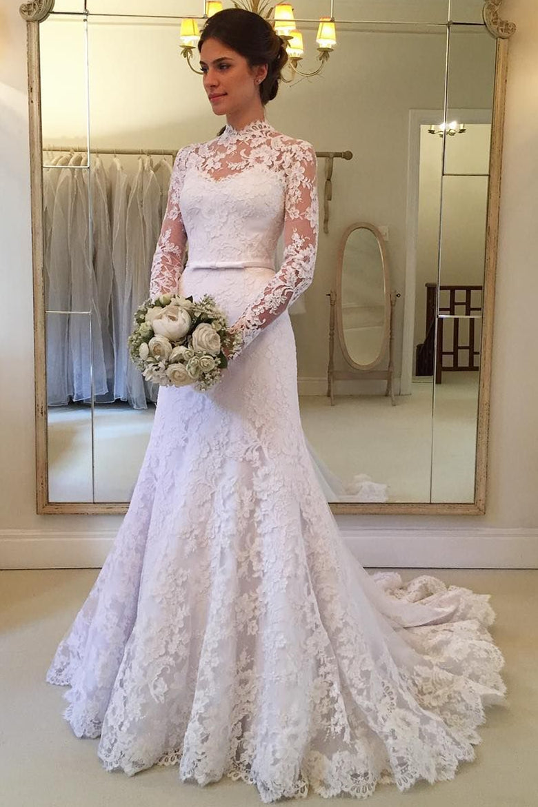 Sheath Small Round Collar Long Sleeves Sweep Train Tulle Applique Lace Wedding Dress-stylesnuggle