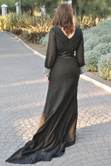 Sheath V-neck Long Sleeves Floor Length Beaded Chiffon Evening Dress-stylesnuggle