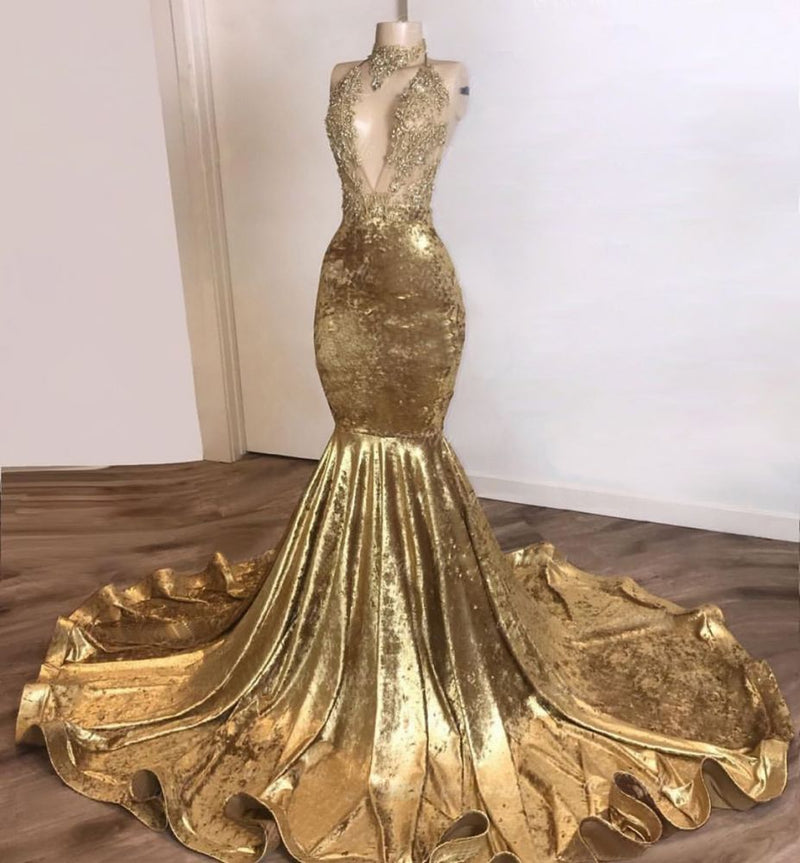 Looking for Prom Dresses, Evening Dresses, Real Model Series in Velvet,  Mermaid style,  and Gorgeous Appliques work? stylesnuggle has all covered on this elegant Shinning Champagne Gold Deep V-neck Court Train Mermaid Prom Dresses.