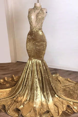 Looking for Prom Dresses, Evening Dresses, Real Model Series in Velvet,  Mermaid style,  and Gorgeous Appliques work? stylesnuggle has all covered on this elegant Shinning Champagne Gold Deep V-neck Court Train Mermaid Prom Dresses.