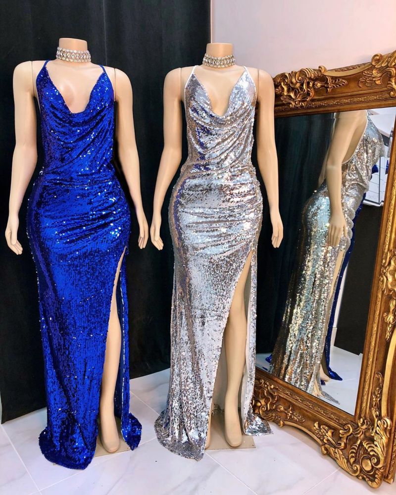 Looking for Prom Dresses, Evening Dresses, Real Model Series in Sequined,  Column style,  and Gorgeous Split Front, Sequined work? stylesnuggle has all covered on this elegant Shinning Sequins V-neck Sleeveless Front Slit Mermaid Prom Dresses.