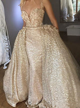 stylesnuggle offers new Shiny Sequins V-neck Spaghetti Straps Appliques Prom Dresses With Detachable Skirt Champagne Evening Gowns at cheap prices. It is a gorgeous Two Pieces Prom Dresses in Sequined, Lace,  which meets all your requirement.