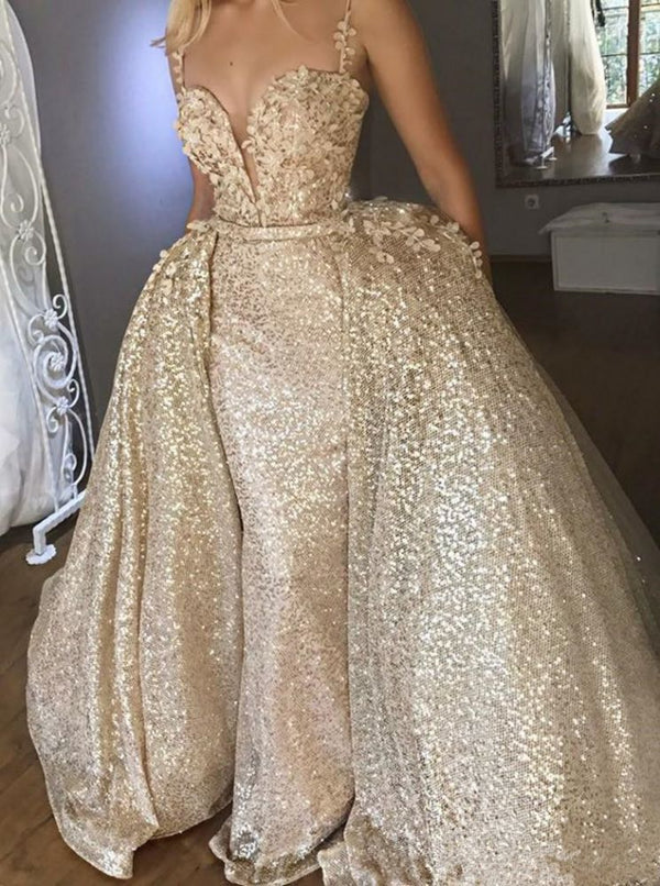 stylesnuggle offers new Shiny Sequins V-neck Spaghetti Straps Appliques Prom Dresses With Detachable Skirt Champagne Evening Gowns at cheap prices. It is a gorgeous Two Pieces Prom Dresses in Sequined, Lace,  which meets all your requirement.