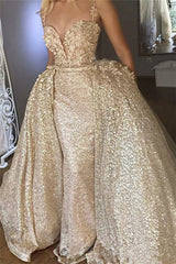 Shiny Champagne Sequins V-neck Spaghetti Straps Appliques Prom Dresses With Detachable Skirt-stylesnuggle