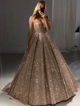 Shiny Gold Ball Gown Evening Dresses Chic V-Neck Sequin Prom Dresses. Free shipping,  high quality,  fast delivery,  made to order dress. Discount price. Affordable price. stylesnuggle.