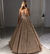 Shiny Gold Ball Gown Evening Dresses Chic V-Neck Sequin Prom Dresses. Free shipping,  high quality,  fast delivery,  made to order dress. Discount price. Affordable price. stylesnuggle.