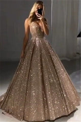 Shiny Gold Ball Gown Evening Dresses Chic V-Neck Sequin Prom Dresses-stylesnuggle