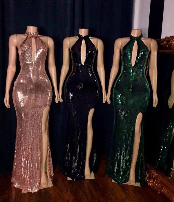 Looking for Prom Dresses, Evening Dresses, Real Model Series in Sequined,  Column style,  and Gorgeous Split Front, Sequined work? stylesnuggle has all covered on this elegant Shiny Sequins Halter Keyhole Neckline Front Slit Mermaid Prom Gowns.