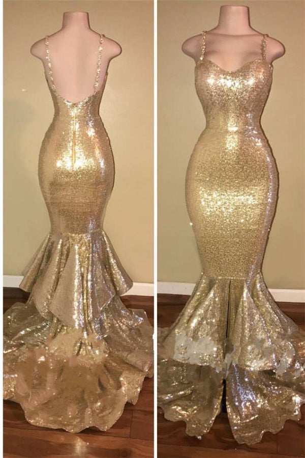 Shiny Sequins Mermaid Spaghettis-Straps Layers-Train Gold Prom Dresses-stylesnuggle