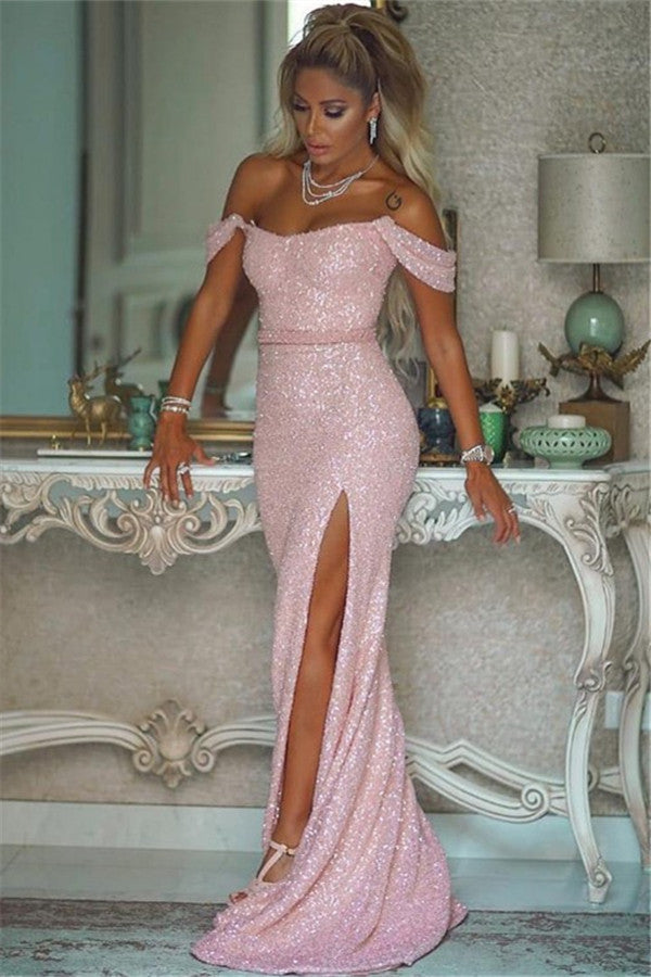 stylesnuggle offers Shiny Sequins Pink Prom Dresses With Slit Off-the-Shoulder Chic Evening Gowns With Buttons On Sale at an affordable price from Sequined to Column Floor-length skirts. Shop for gorgeous Sleeveless Evening Dresses collections for special events.