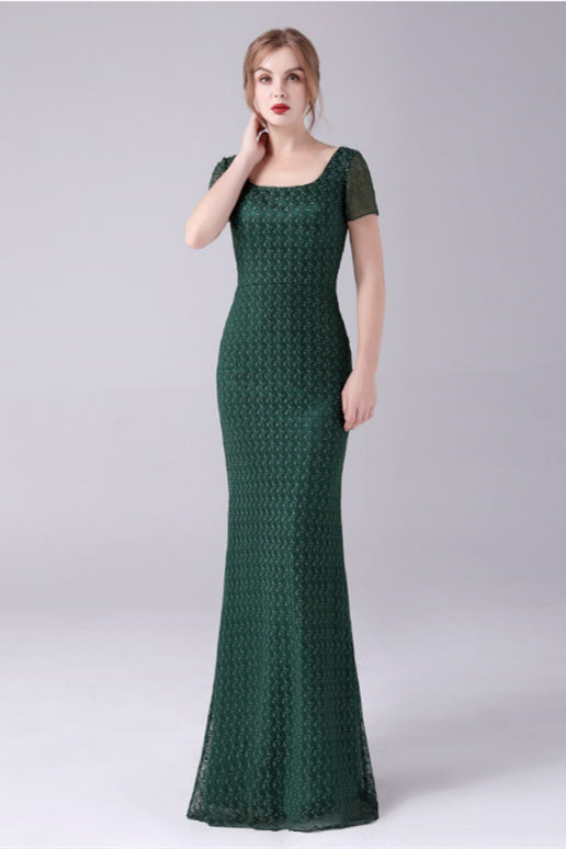 Short sleeves Square Lace Floor Length Backless Mermaid moteher's dress-stylesnuggle