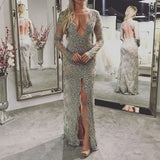 Wanna Prom Dresses in Column style,  and delicate Lace work? stylesnuggle has all covered on this elegant Silver Chic V-neck Lace Prom Dresses Elegant Long Sleevess Open Back Front Split Long Evening Dress yet cheap price.