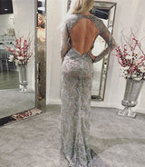 Wanna Prom Dresses in Column style,  and delicate Lace work? stylesnuggle has all covered on this elegant Silver Chic V-neck Lace Prom Dresses Elegant Long Sleevess Open Back Front Split Long Evening Dress yet cheap price.